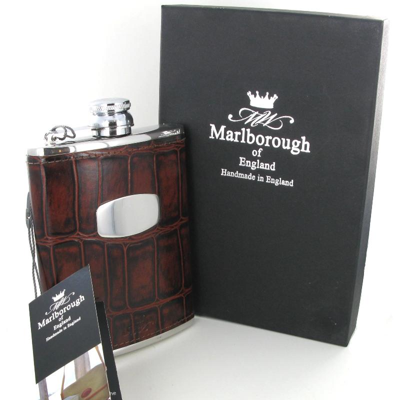 Marlborough of England Hip Flask 8oz Steel & Brown Leather ST5159