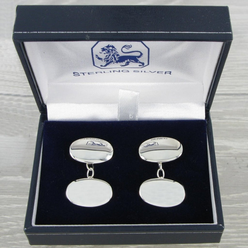 Plain Oval Chained Solid Silver Cufflinks 9354