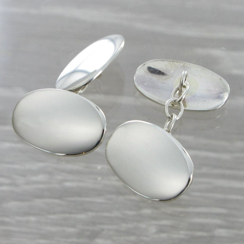 Plain Oval Chained Solid Silver Cufflinks 9354