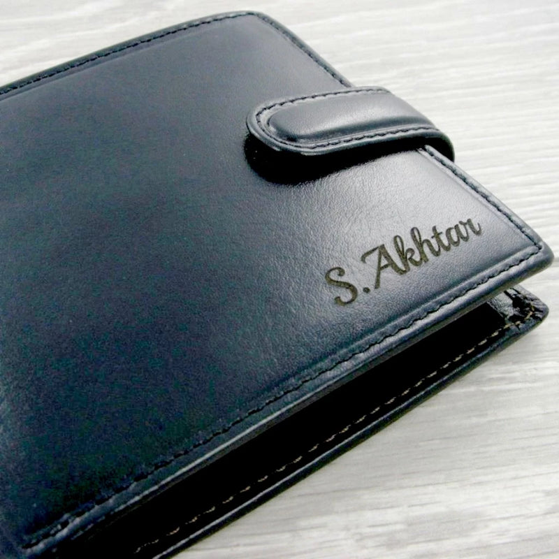 Personalised Black Leather Wallet with laser engraved name on front and message inside