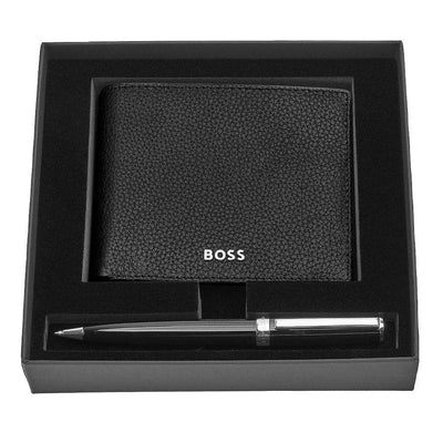 HUGO BOSS Luxury Black Leather Slim Wallet & Pen Set - Engraveitnow Ltd