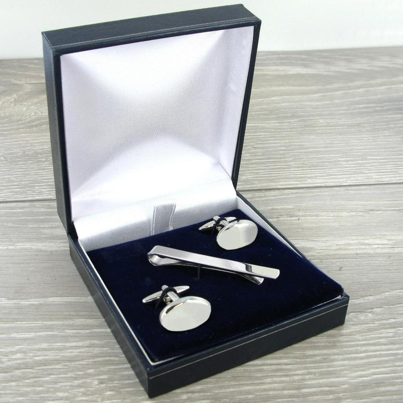 Silver Plated Oval Cufflinks and Tie Slide Rho10~113
