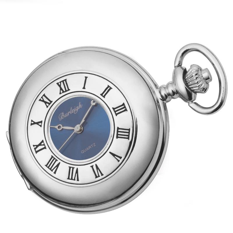 Chrome Half Hunter Blue Face Pocket Watch by Burleigh with Stand CHR1973