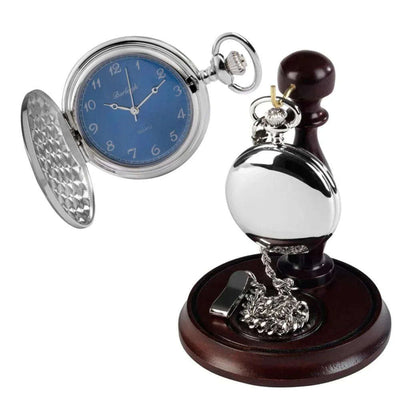 Chrome Full Hunter Blue Face Pocket Watch by Burleigh with Stand CHR1972 - Engraveitnow Ltd