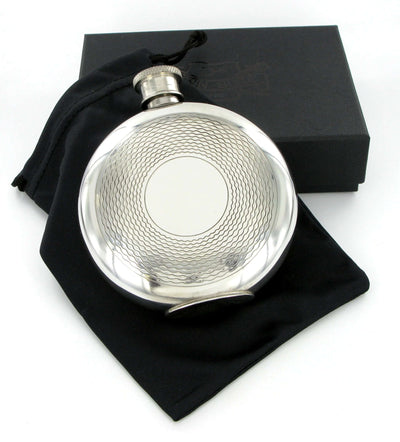 Pewter Hip Flask 6oz Round with Pattern Ring - Engraveitnow Ltd