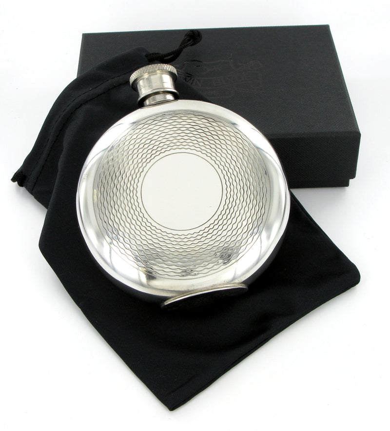 Pewter Hip Flask 6oz Round with Pattern Ring