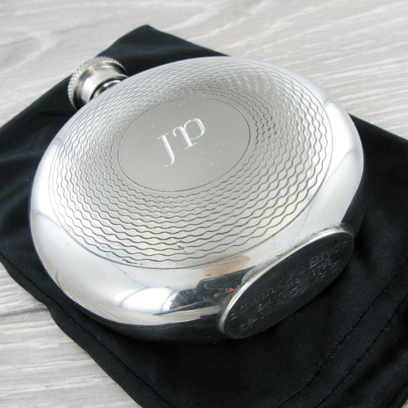 Pewter Hip Flask 6oz Round with Pattern Ring