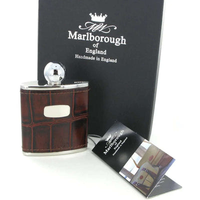 Marlborough of England Hip Flask 3oz Steel & Brown Leather ST5124 - Engraveitnow Ltd