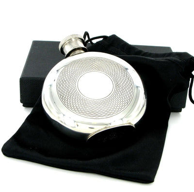 Pewter Hip Flask 4oz Round with Pattern Ring - Engraveitnow Ltd