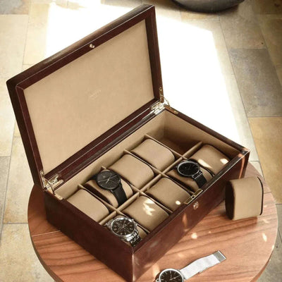 Dulwich Designs Windsor Brown Leather 10 Piece Watch Box 71213 - Engraveitnow Ltd