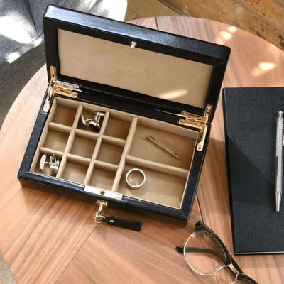 Dulwich Designs Windsor Black Leather Cufflink Box 71217 - Engraveitnow Ltd