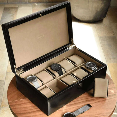 Dulwich Designs Windsor Black Leather 10 Piece Watch Box 71219 - Engraveitnow Ltd