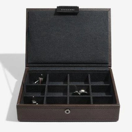 Stackers Brown Leather Lidded Mini Cufflink Box 75422 Personalise the lid with Laser engraved message