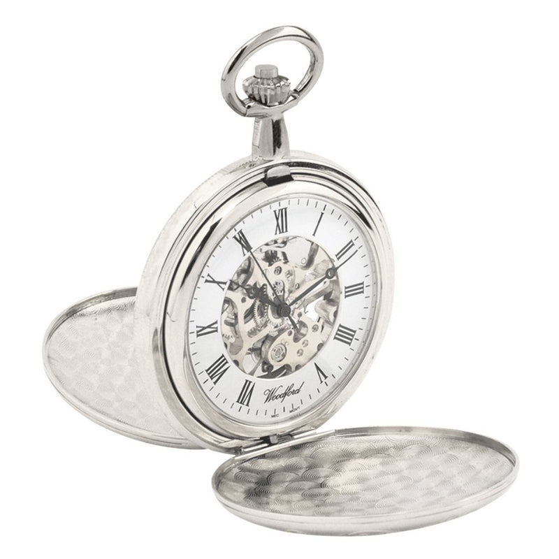 Chrome Twin Lid Full Hunter Skeleton Pocket Watch by Woodfords CHR1062
