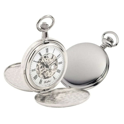 Chrome Twin Lid Full Hunter Skeleton Pocket Watch by Woodfords CHR1062 - Engraveitnow Ltd