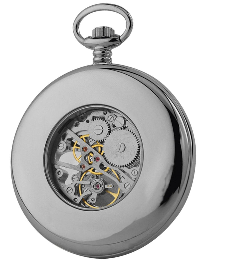 Open Face Skeleton Pocket Watch Chrome Plated with chain CHR1084