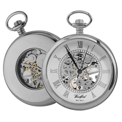 Open Face Skeleton Pocket Watch Chrome Plated with chain CHR1084 - Engraveitnow Ltd