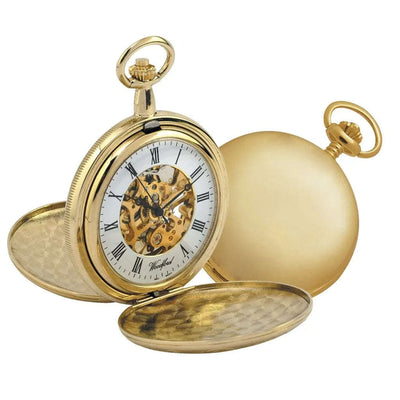 Gold Plated Twin Lid Full Hunter Skeleton Pocket Watch by Woodfords GP1063 - Engraveitnow Ltd