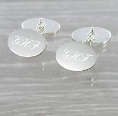 Plain Oval Chained Solid Silver Cufflinks 9364 - Engraveitnow Ltd