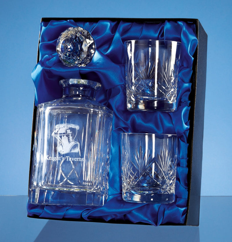 Decanter & Two Whiskey Tumbler cut crystal Set in Presentation Box