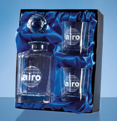 Decanter & Two Whiskey Tumbler Plain Crystal Set in Presentation Box - Engraveitnow Ltd