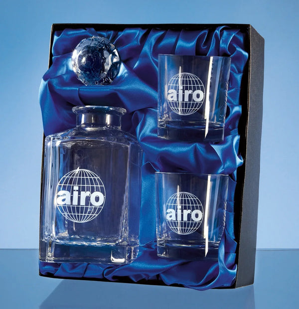 Decanter & Two Whiskey Tumbler Plain Crystal Set in Presentation Box