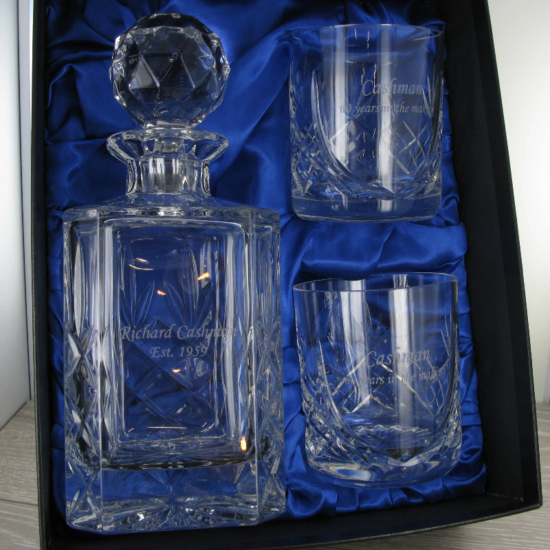Decanter & Two Whiskey Tumbler Cut Crystal Set in Presentation Box