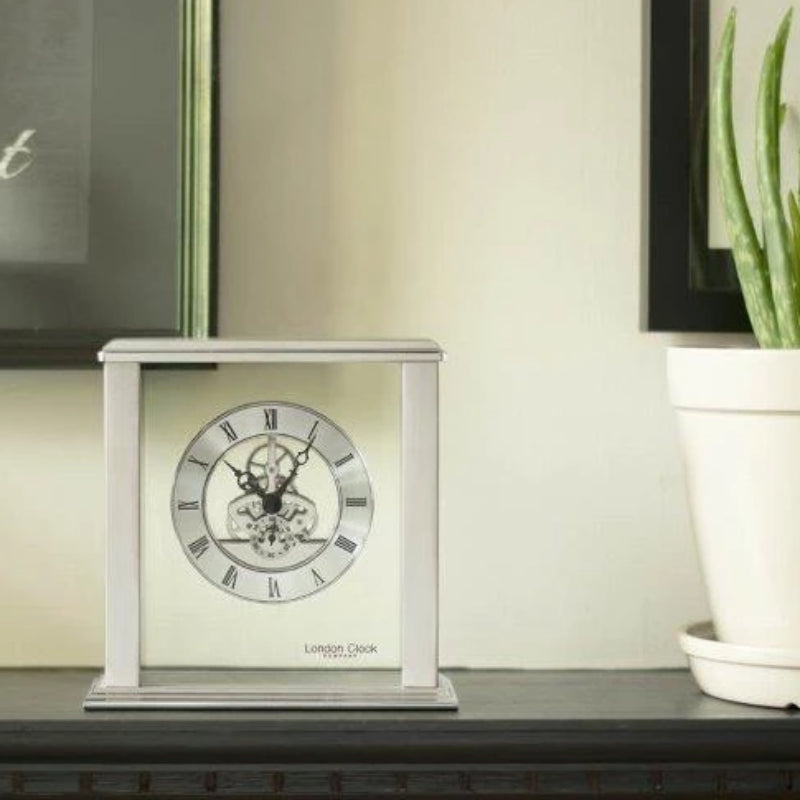 London Clock Simple Frame Silver Skeleton Mantel 03152