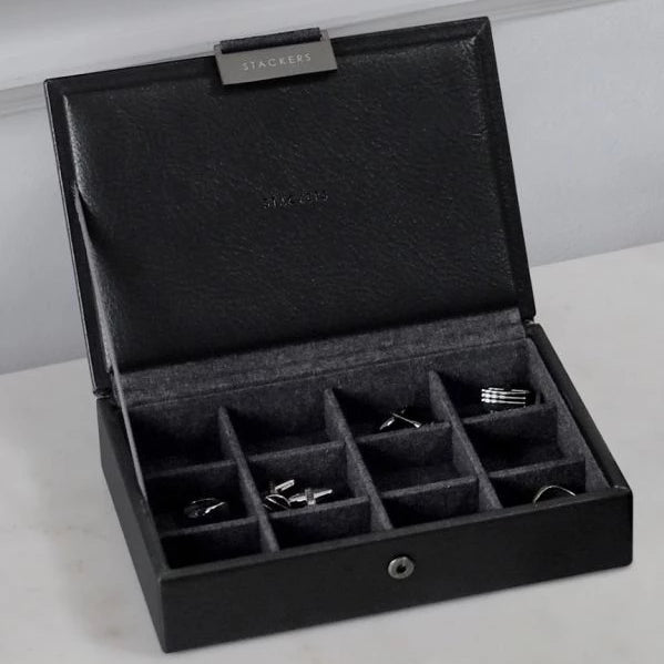 Stackers Black Leather Lidded Mini Cufflink Box 75423 Vegan Leather
