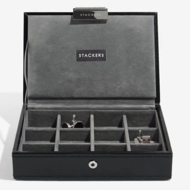 Stackers Executive Black Cufflink Box 73184 Vegan Leather Personalise the lid with Laser engraved message